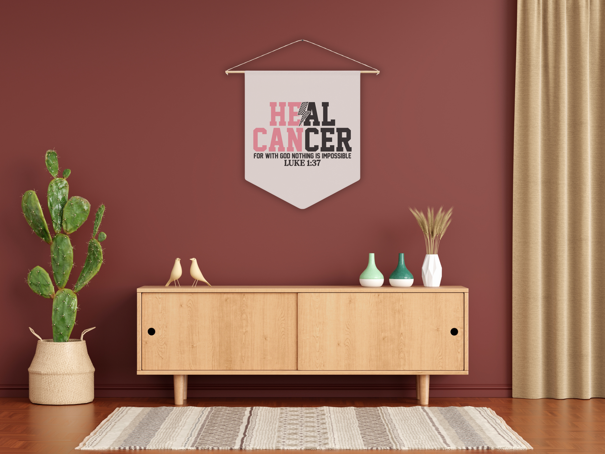 Room interior with a wooden cabinet, potted plant, and motivational banner on a red wall.