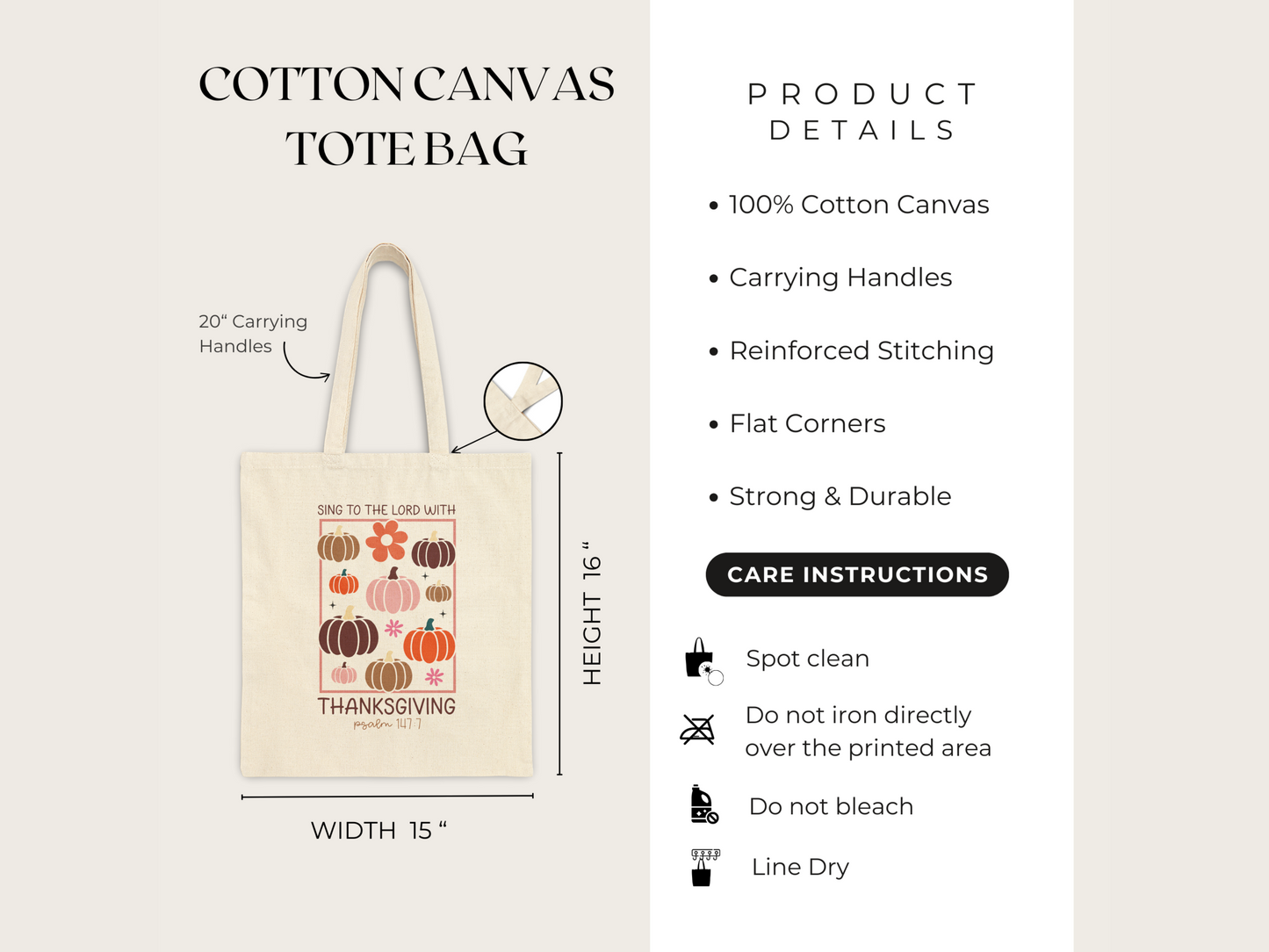 Product detail graphic showing tote bag dimensions, reinforced stitching, and care instructions.