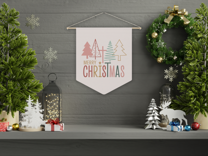 Decorative Christmas scene with a 'Merry Christmas' banner, wreath, and festive decorations on a gray wall.
