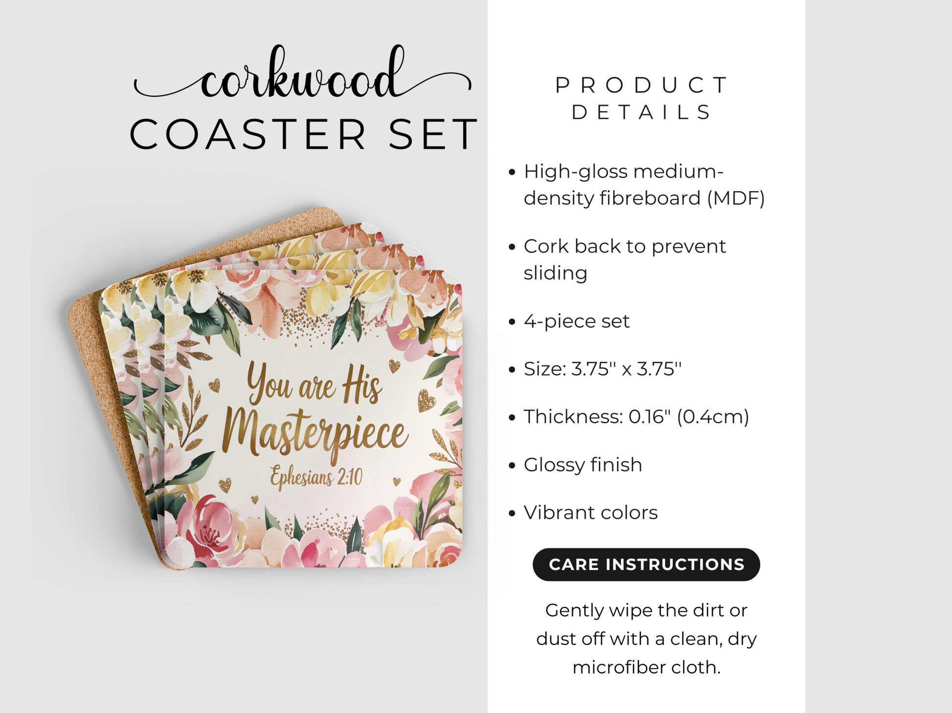 Product display of corkwood floral scripture coasters, showing glossy finish, cork backing, dimensions, and care instructions.
