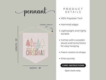 Product details of a Christmas-themed pennant with dimensions and care instructions.