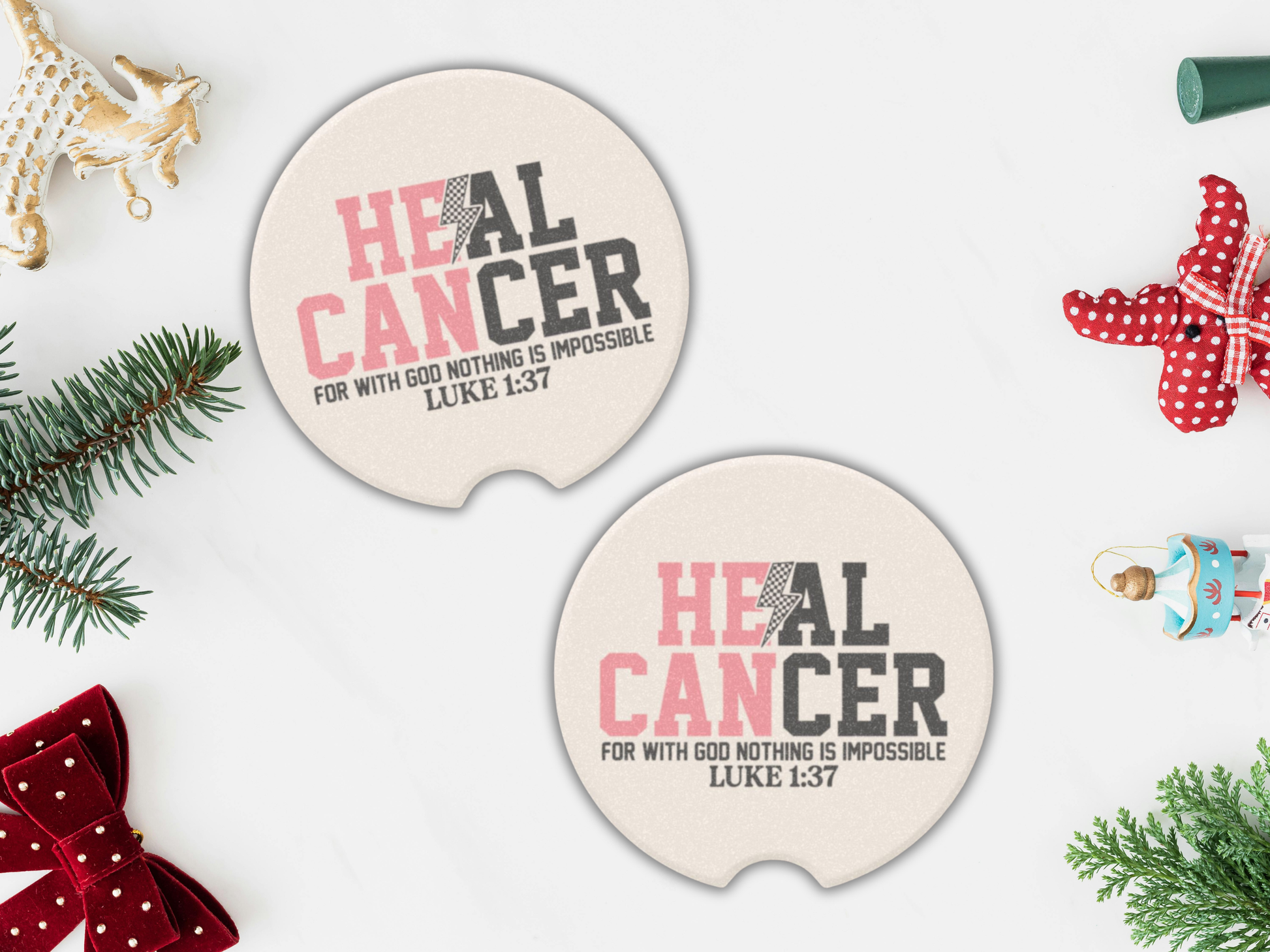 Two circular car coasters with 'HEAL CANCER' text and Christmas decorations on a white background.