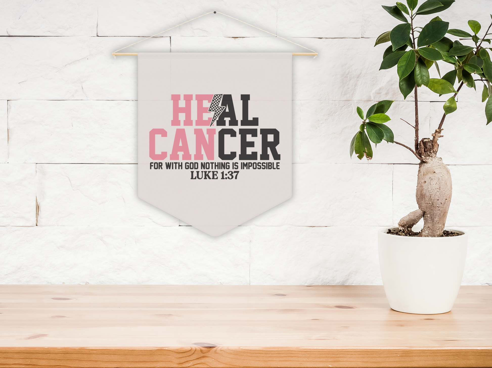 Decorative wall hanging with 'HEAL CANCER' text on a wooden surface with a plant.