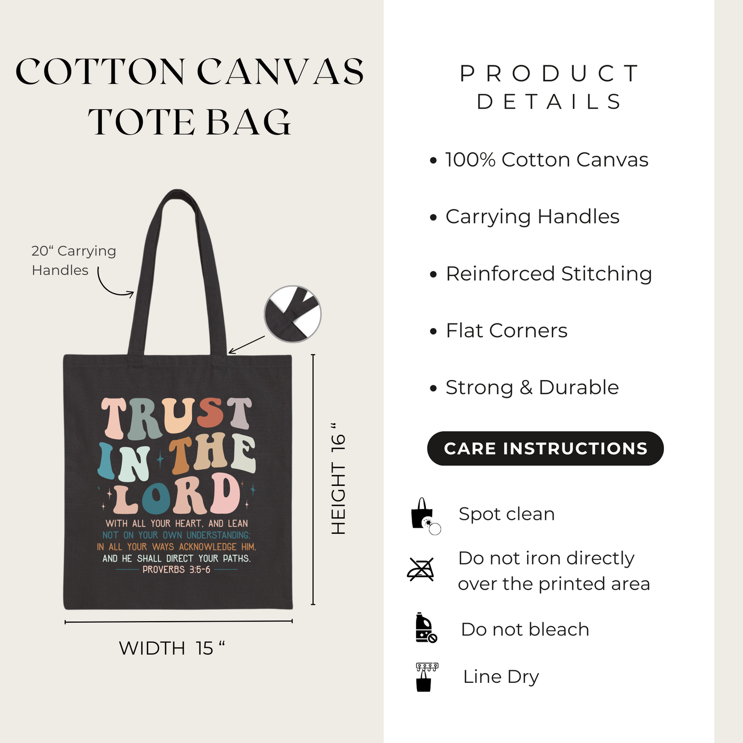 Cotton canvas tote bag with text and dimensions on a beige background