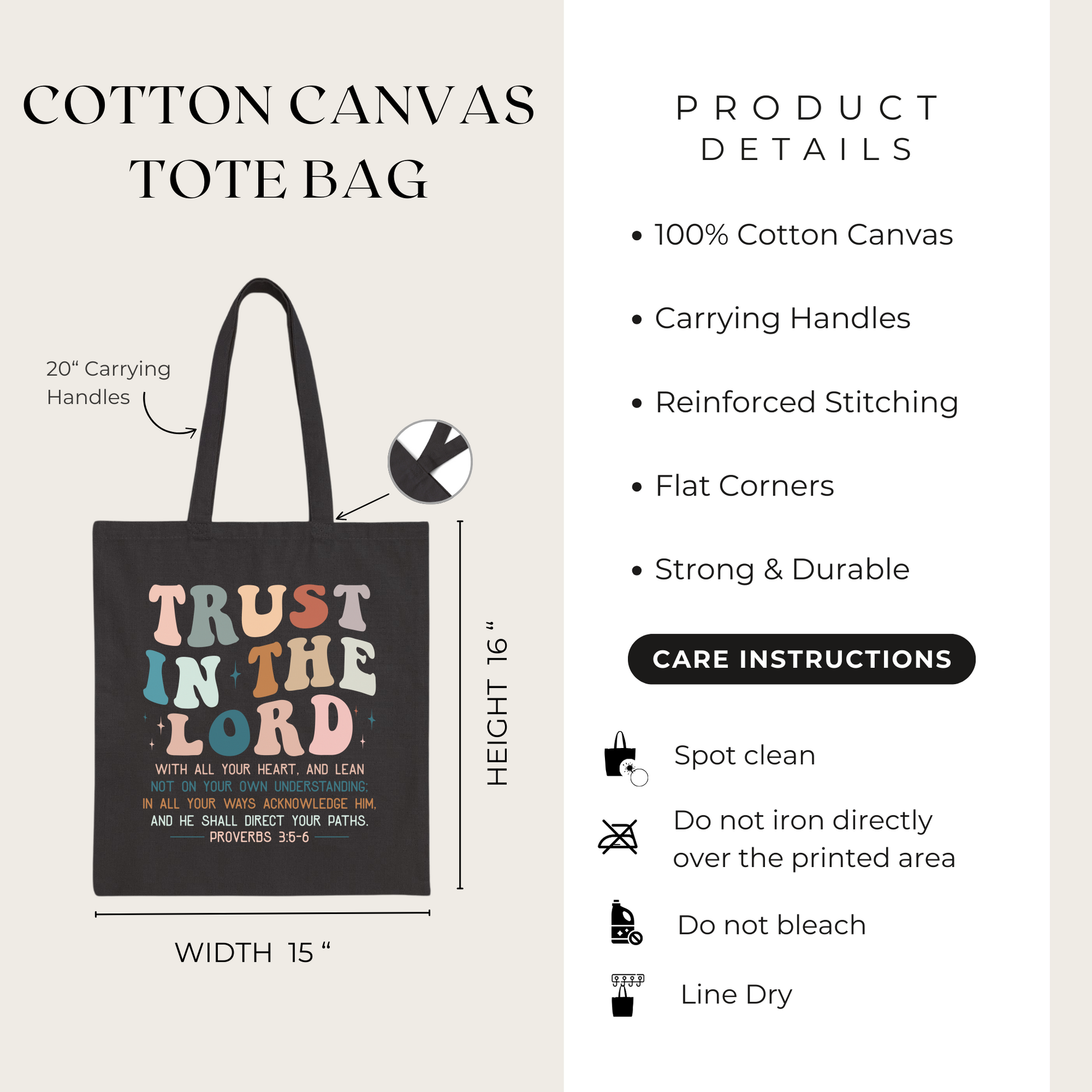 Cotton canvas tote bag with text and dimensions on a beige background