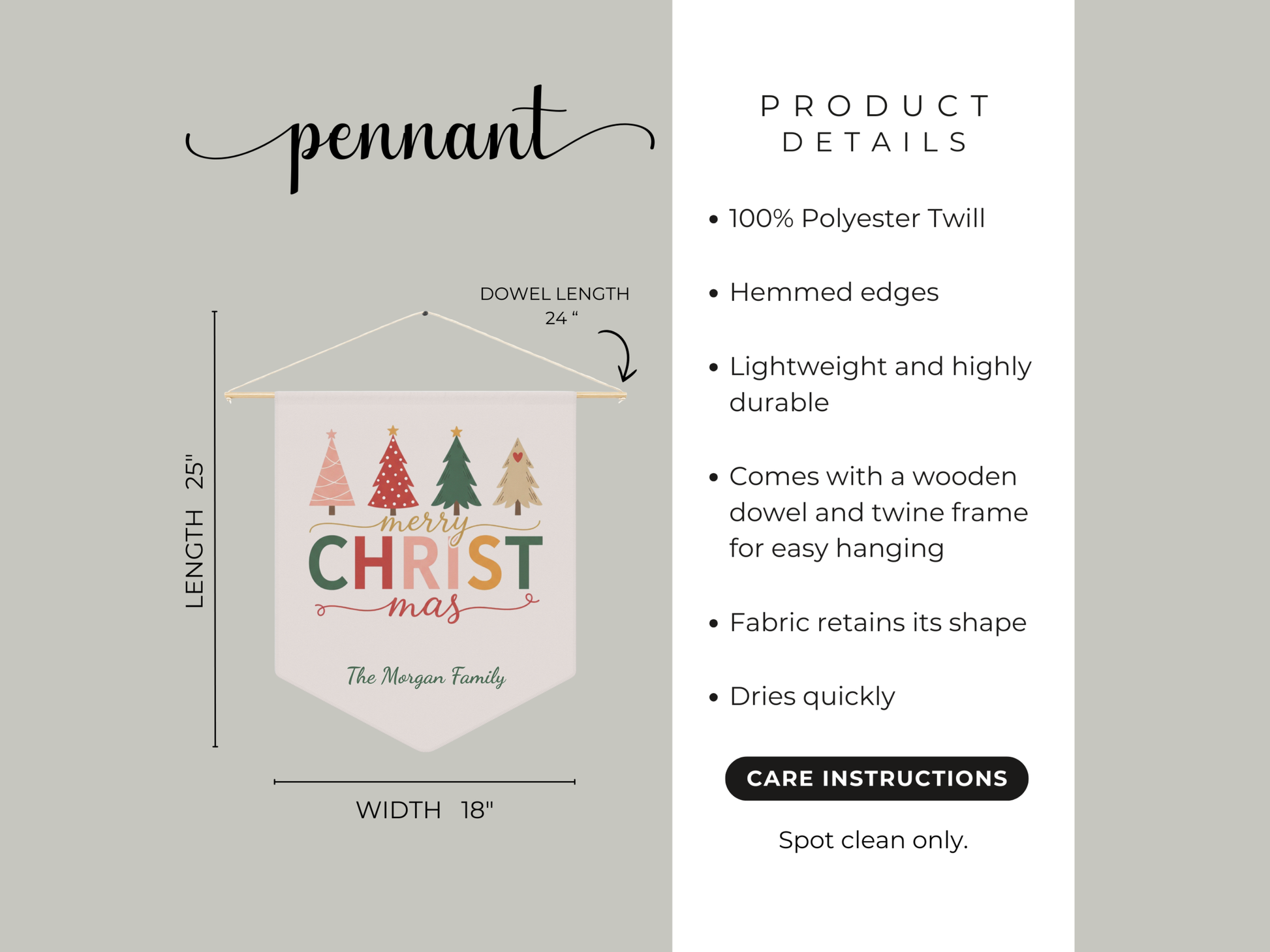 Product details of a Christmas-themed pennant with dimensions and care instructions.