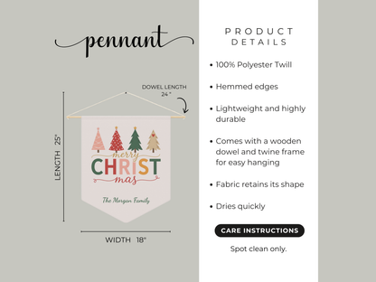 Product details of a Christmas-themed pennant with dimensions and care instructions.