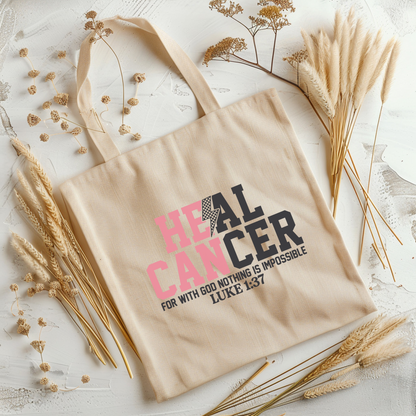 Beige tote bag with motivational quote on a light background with dried plants