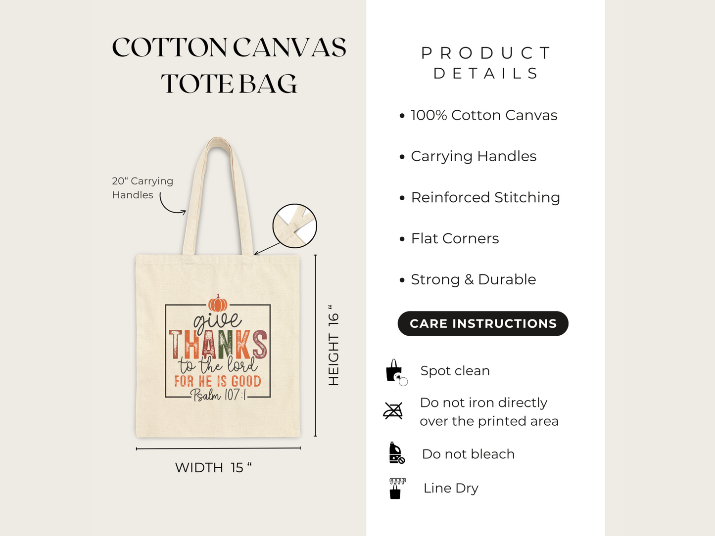 Canvas tote bag with "Give thanks to the Lord" printed in fall colors. Features 20" handles, 15"x16" size, care tips, and product details listed.