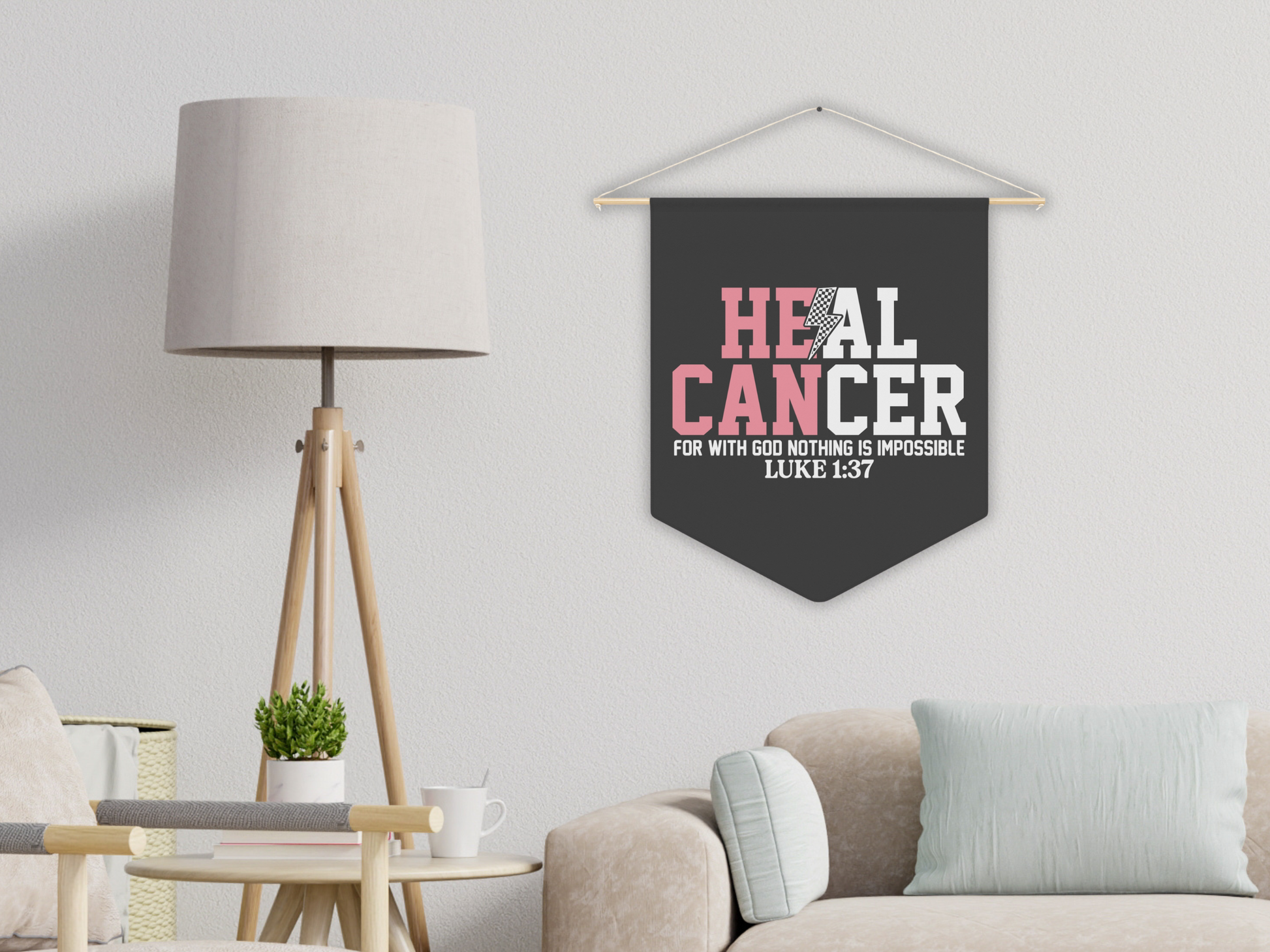 Decorative banner with motivational text in a living room setting