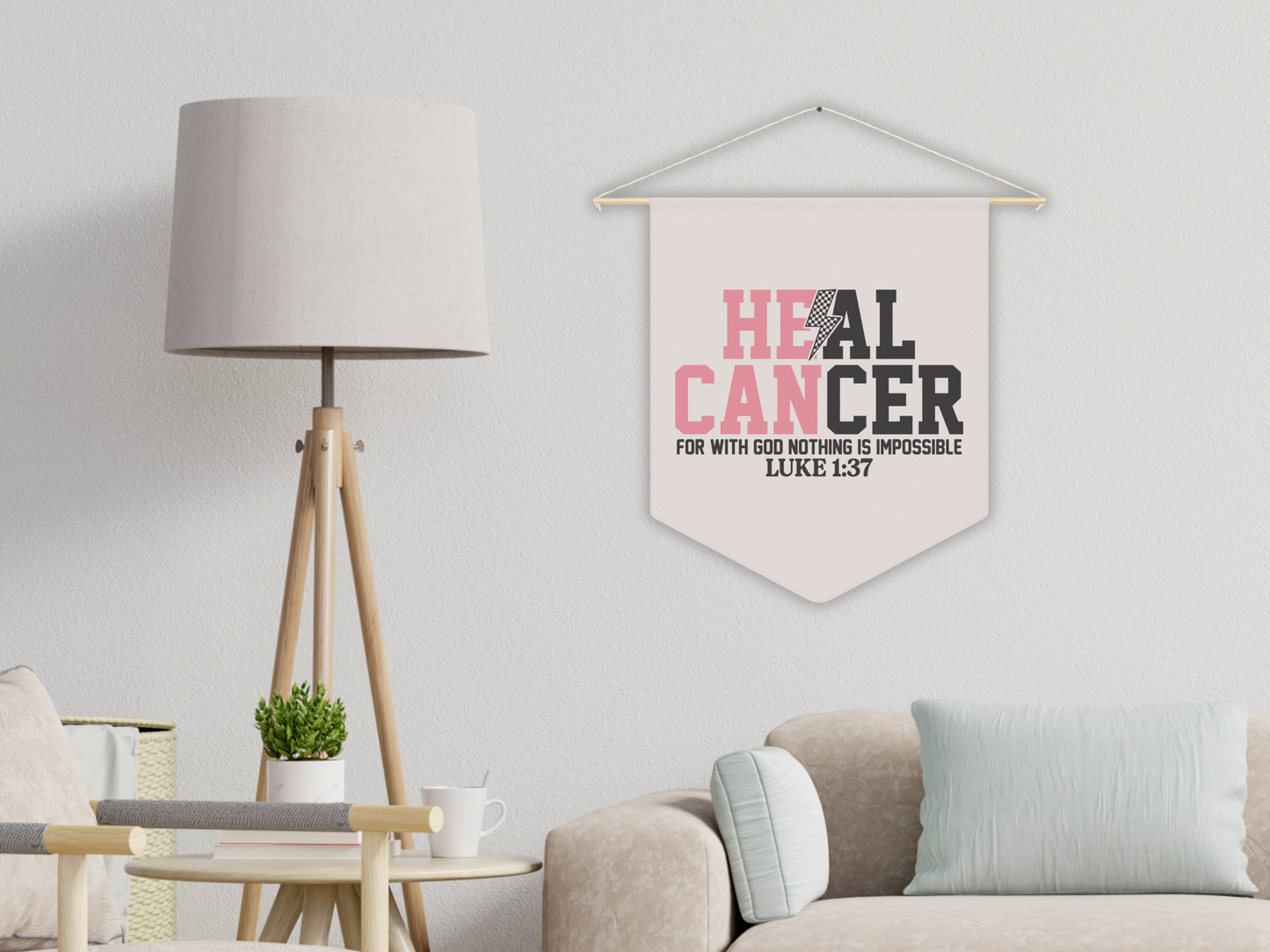 Living room with a 'Heal Cancer' banner hanging on the wall.