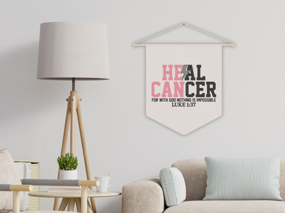 Living room with a 'Heal Cancer' banner hanging on the wall.