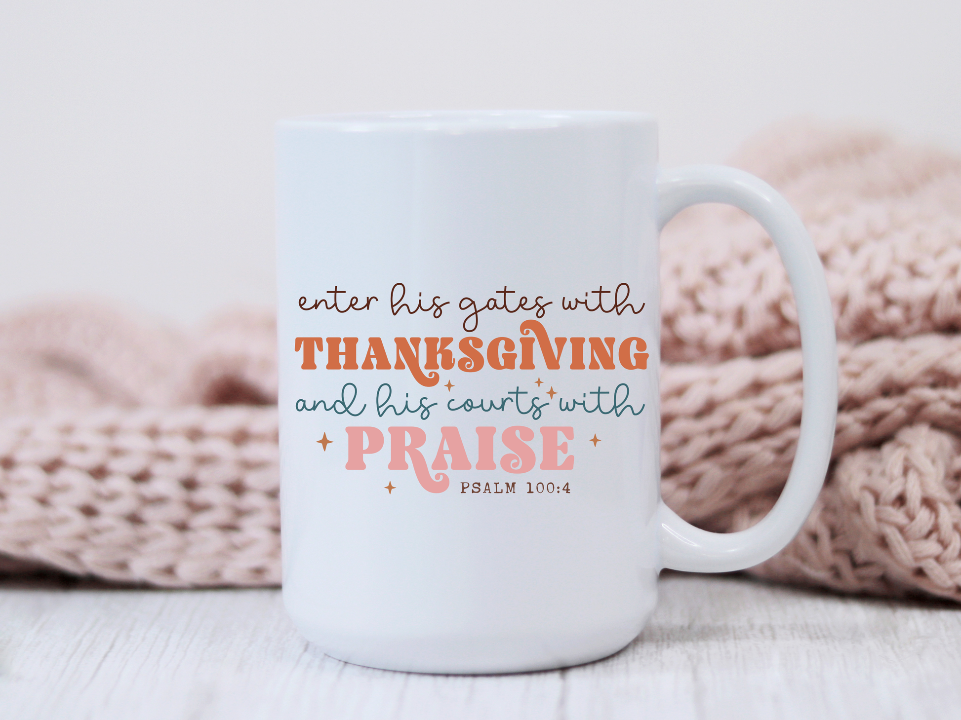 White mug with inspirational quote on a light background