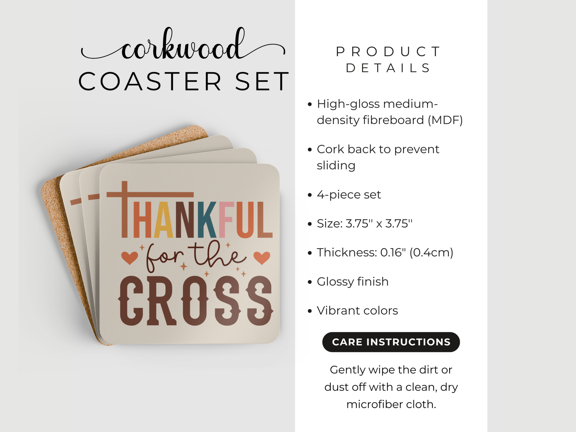 Product display of “Thankful for the Cross” corkwood coaster set with details, size, and care instructions.