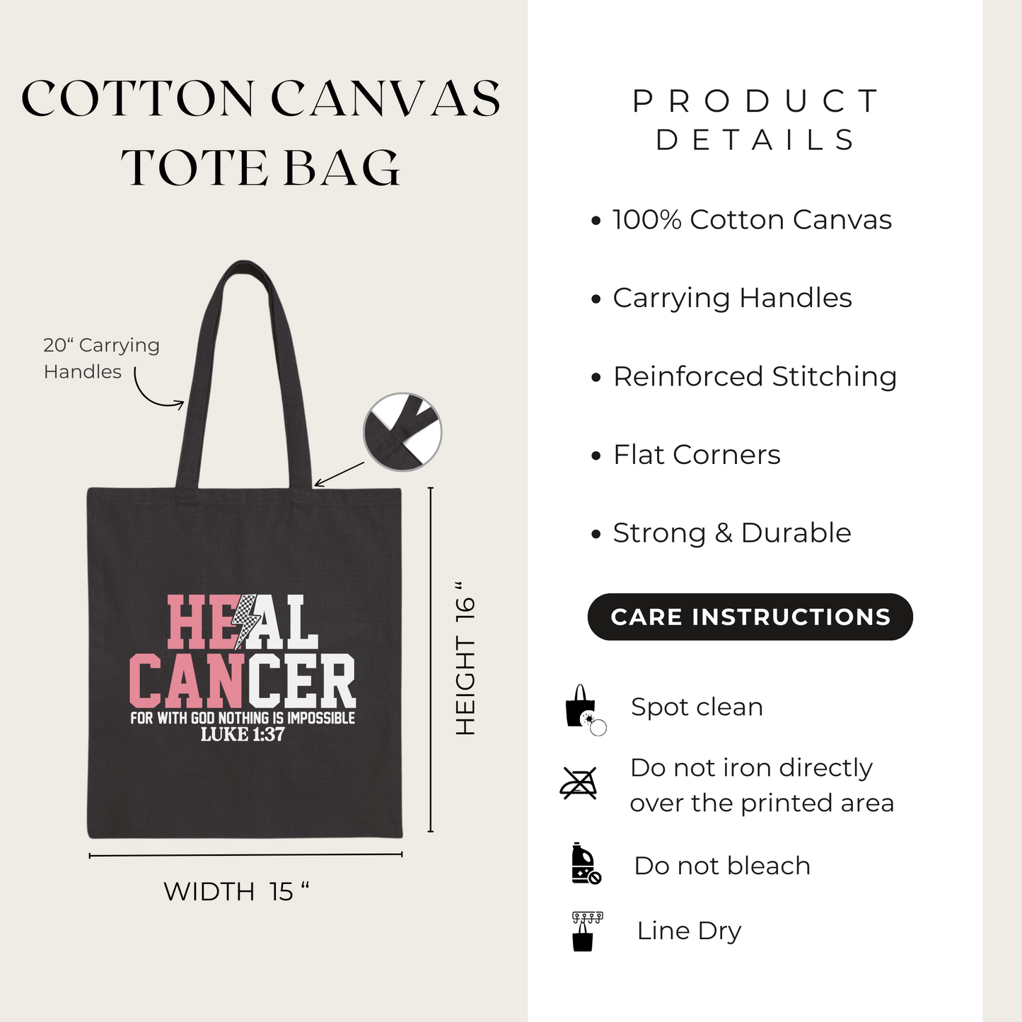 Black cotton canvas tote bag with 'HEAL CANCER' text, showing product details and care instructions.