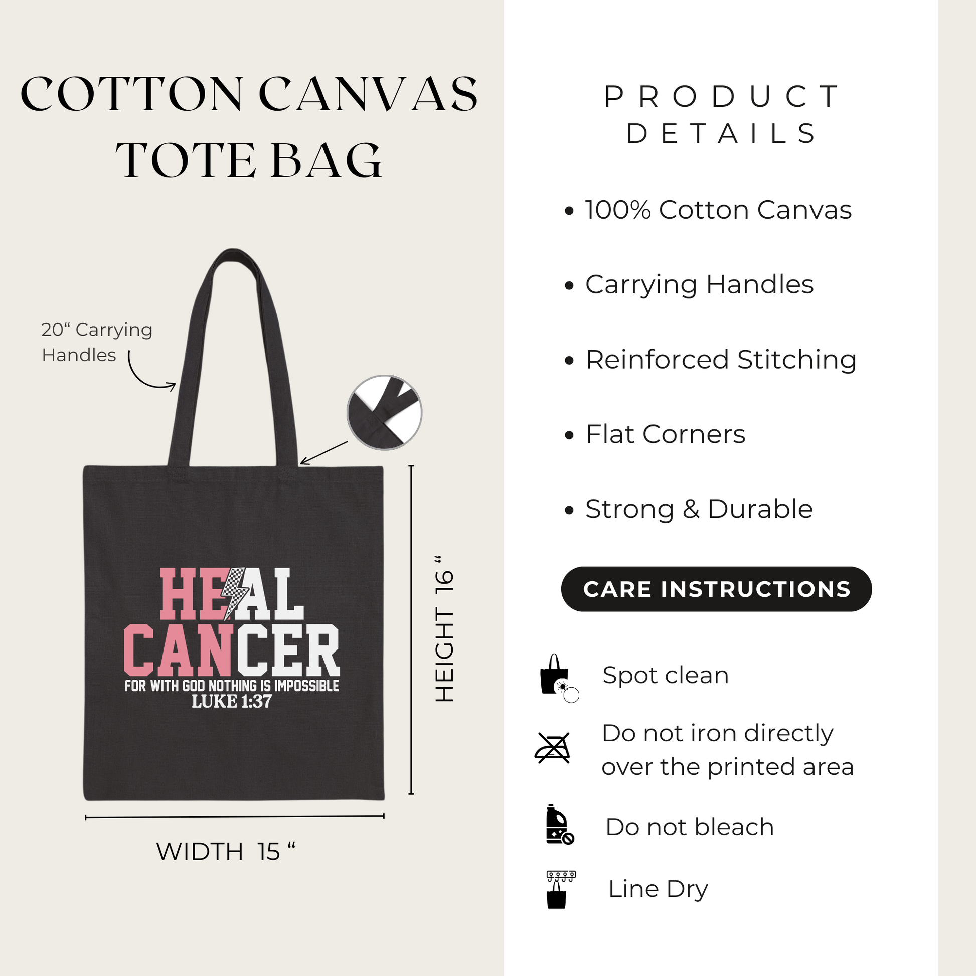 Black cotton canvas tote bag with 'HEAL CANCER' text, showing product details and care instructions.