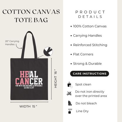Black cotton canvas tote bag with 'HEAL CANCER' text, showing product details and care instructions.