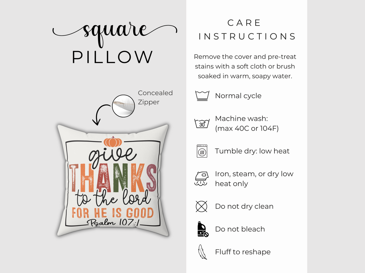 Product display highlighting square pillow care instructions with concealed zipper and wash guidelines.
