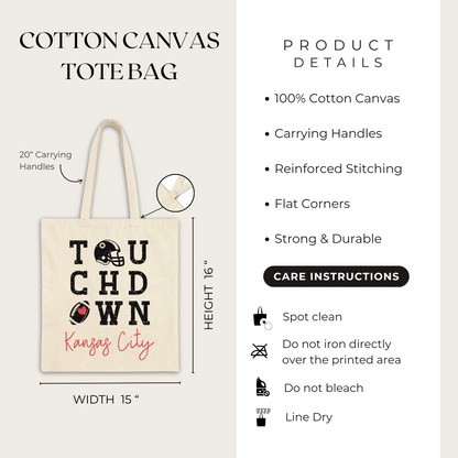 Cotton canvas tote bag with 'Touchdown Kansas City' text and product details on a white background