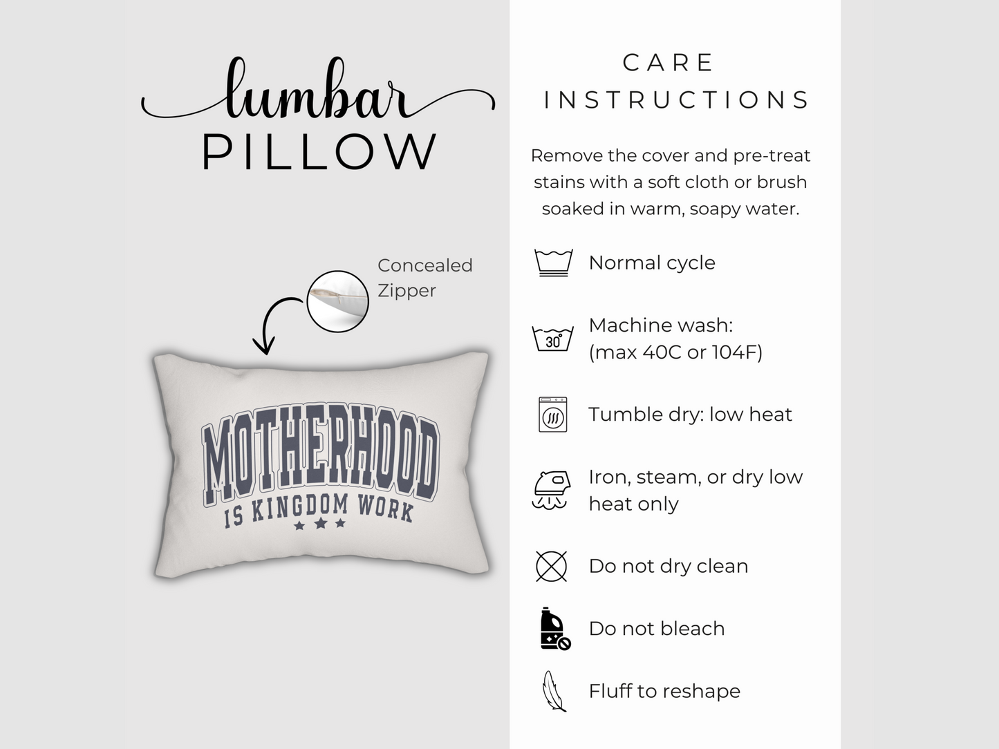 Product display of lumbar pillow with concealed zipper and detailed care instructions for washing and drying.