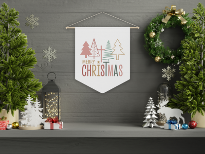 Decorative Christmas scene with a 'Merry Christmas' banner, wreath, and festive decorations on a gray wall.