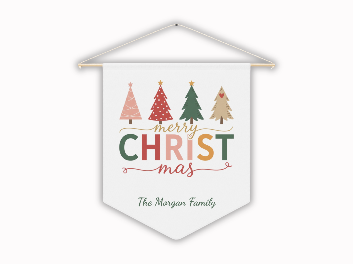 Decorative Christmas banner with trees and 'Merry Christmas' text on a white background