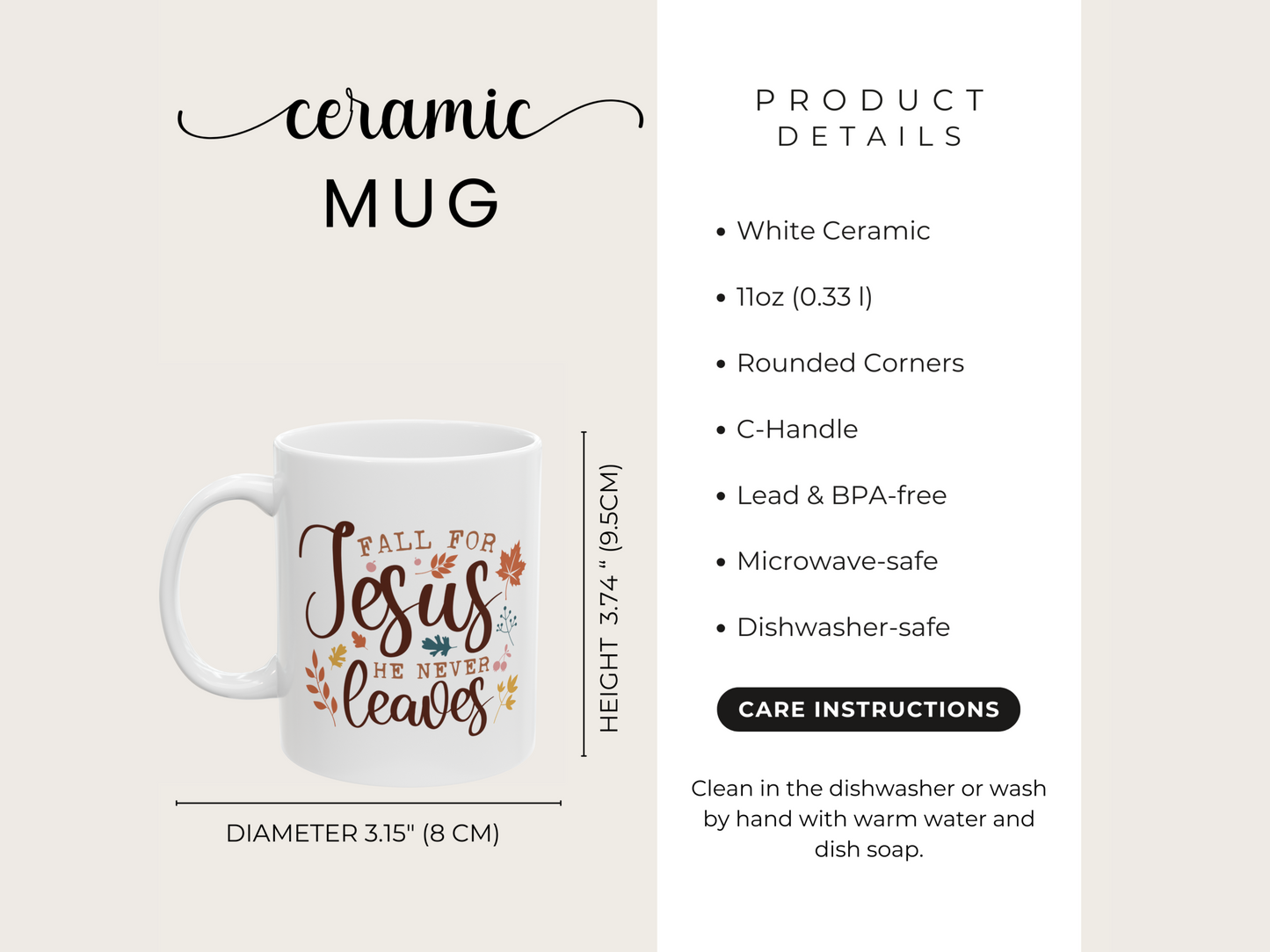 White ceramic mug with text design, product details on a beige background