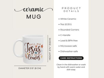 White ceramic mug with text design, product details on a beige background