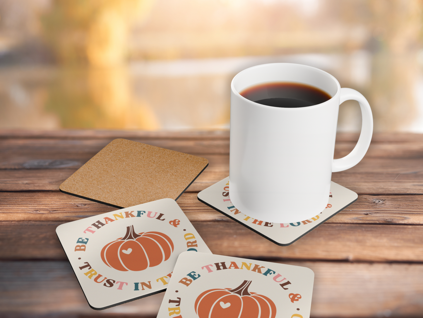 Pumpkin scripture coasters with cork backing styled alongside a coffee mug on wooden table with blurred autumn view.