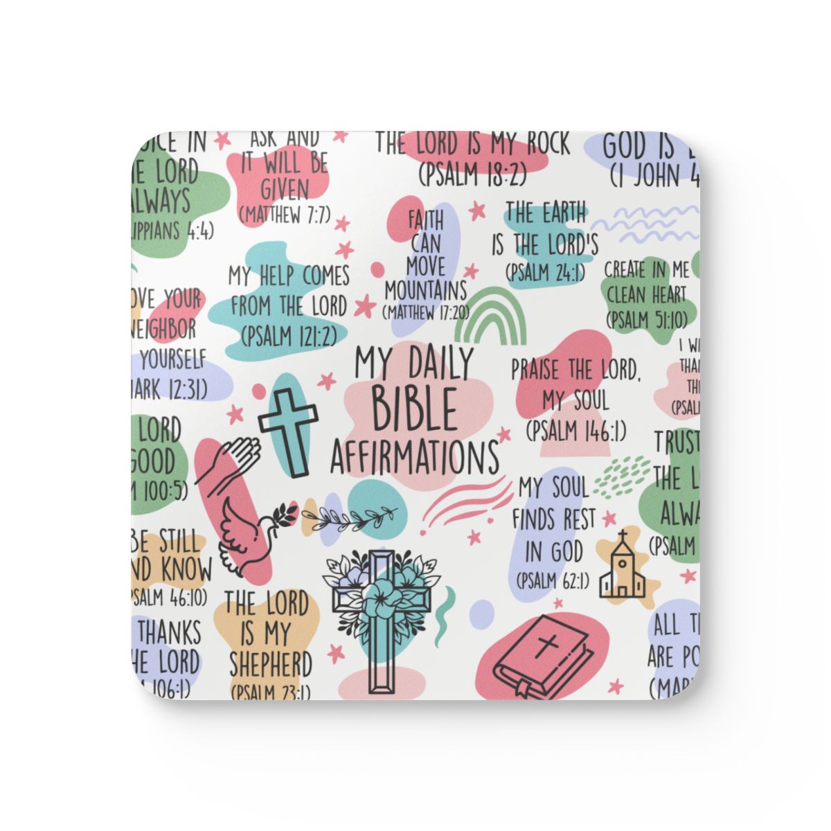 Coaster with colorful Bible verse design on a white background