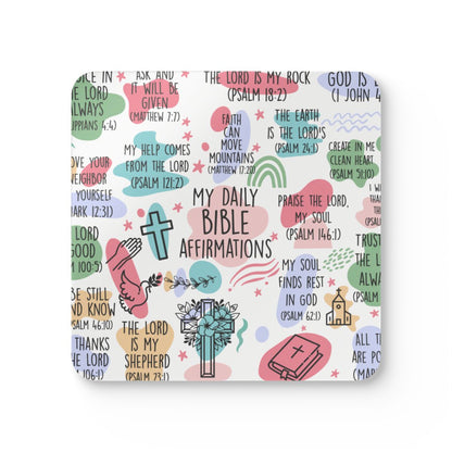 Coaster with colorful Bible verse design on a white background