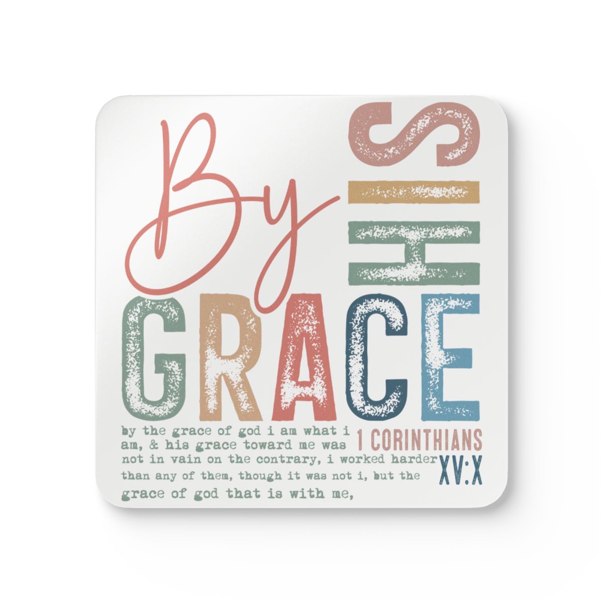 Decorative sign with 'By Grace' text in colorful letters on a white background