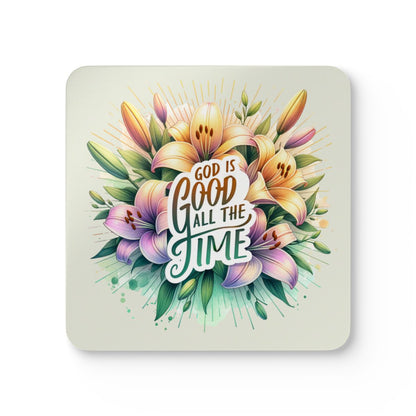 Coaster with floral design and 'God is Good All the Time' text on a light background