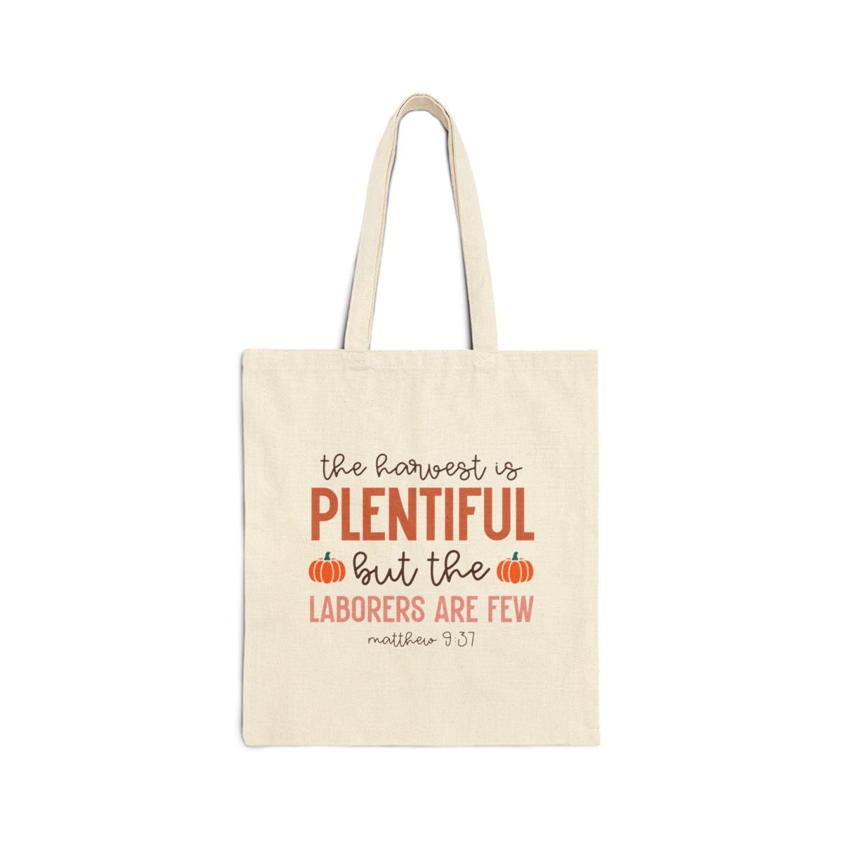 Beige tote bag with text and pumpkins on a white background