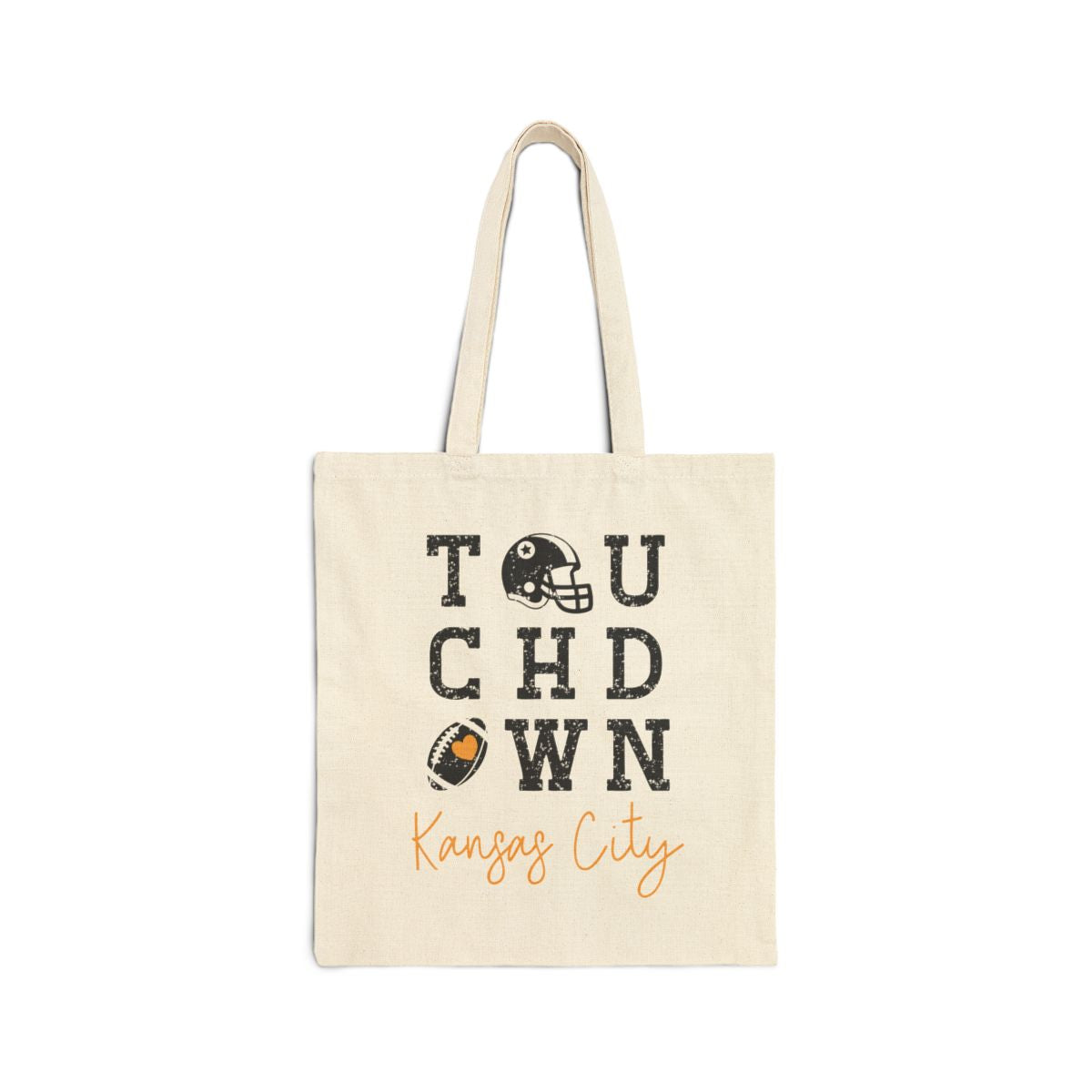 Tote bag with 'Touchdown Kansas City' text and football graphics on a white background