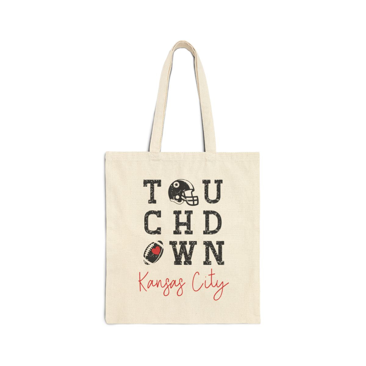 Tote bag with 'Touchdown Kansas City' text and football graphics on a white background