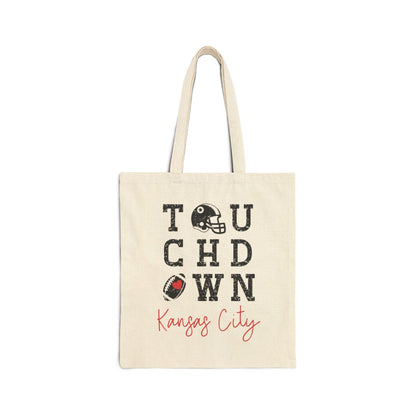 Tote bag with 'Touchdown Kansas City' text and football graphics on a white background