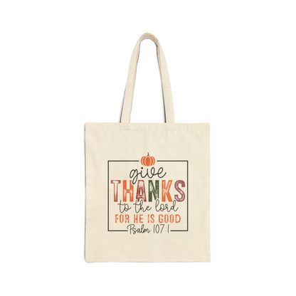 Tote bag with 'Give Thanks to the Lord for He is Good' text and pumpkin design on a white background