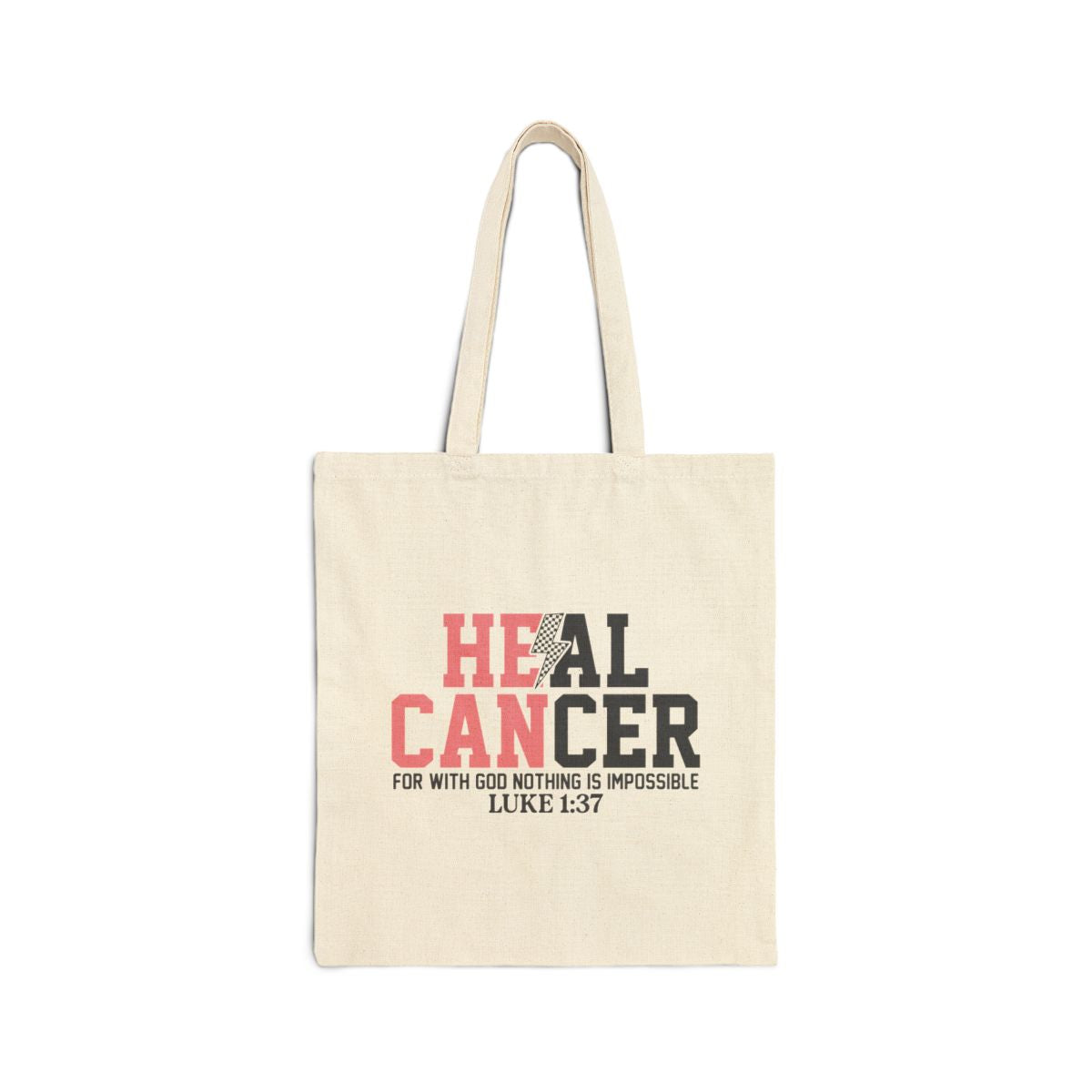 Tote bag with 'Heal Cancer' text and Bible verse on a white background