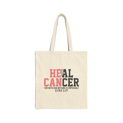 Tote bag with 'Heal Cancer' text and Bible verse on a white background