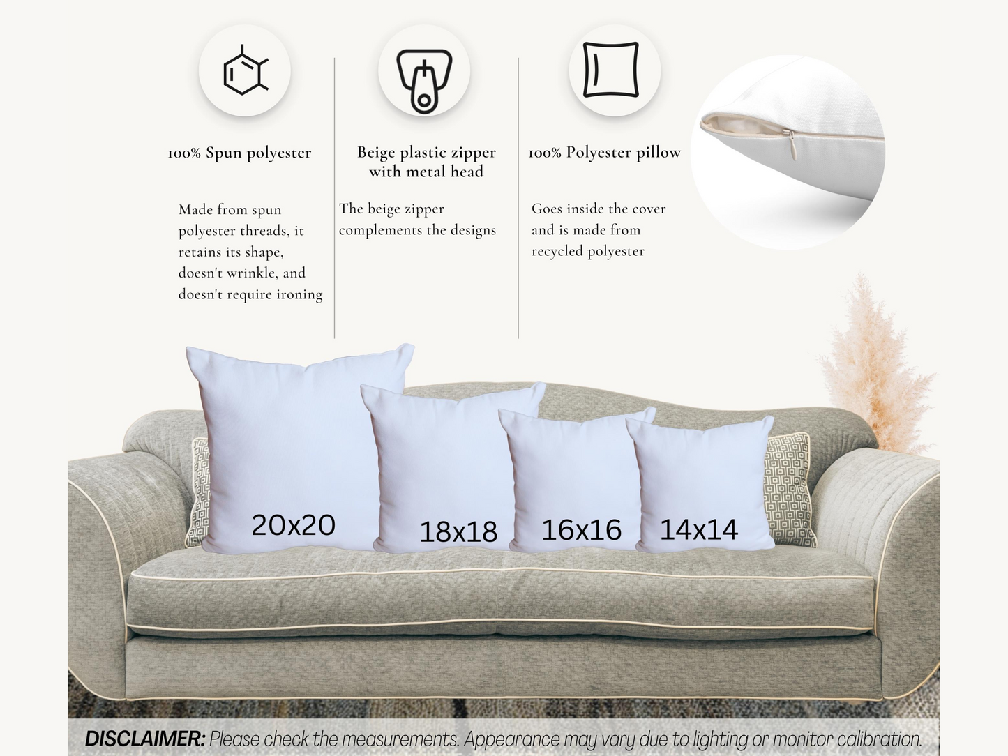 Four throw pillows of varying sizes (20x20 to 14x14 inches) are on a beige couch. Above are icons highlighting features: 100% spun polyester, beige zipper, recycled polyester pillow.