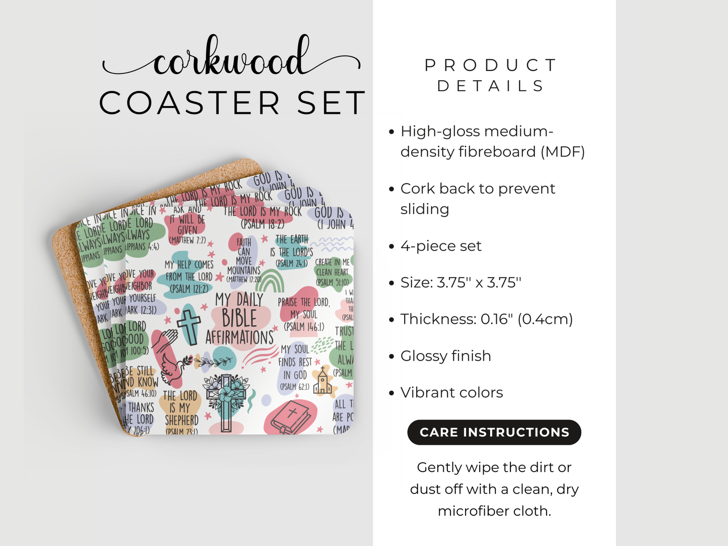 Product display of corkwood coaster set with “My Daily Bible Affirmations” design, featuring details, size, and care instructions.