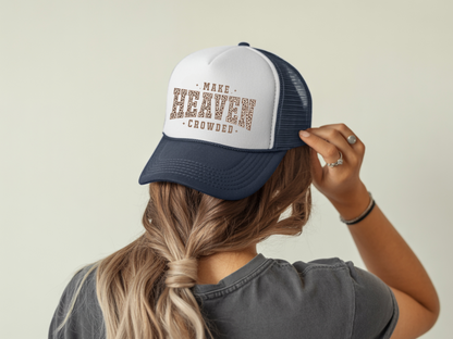Person wearing a cap with text on a plain background