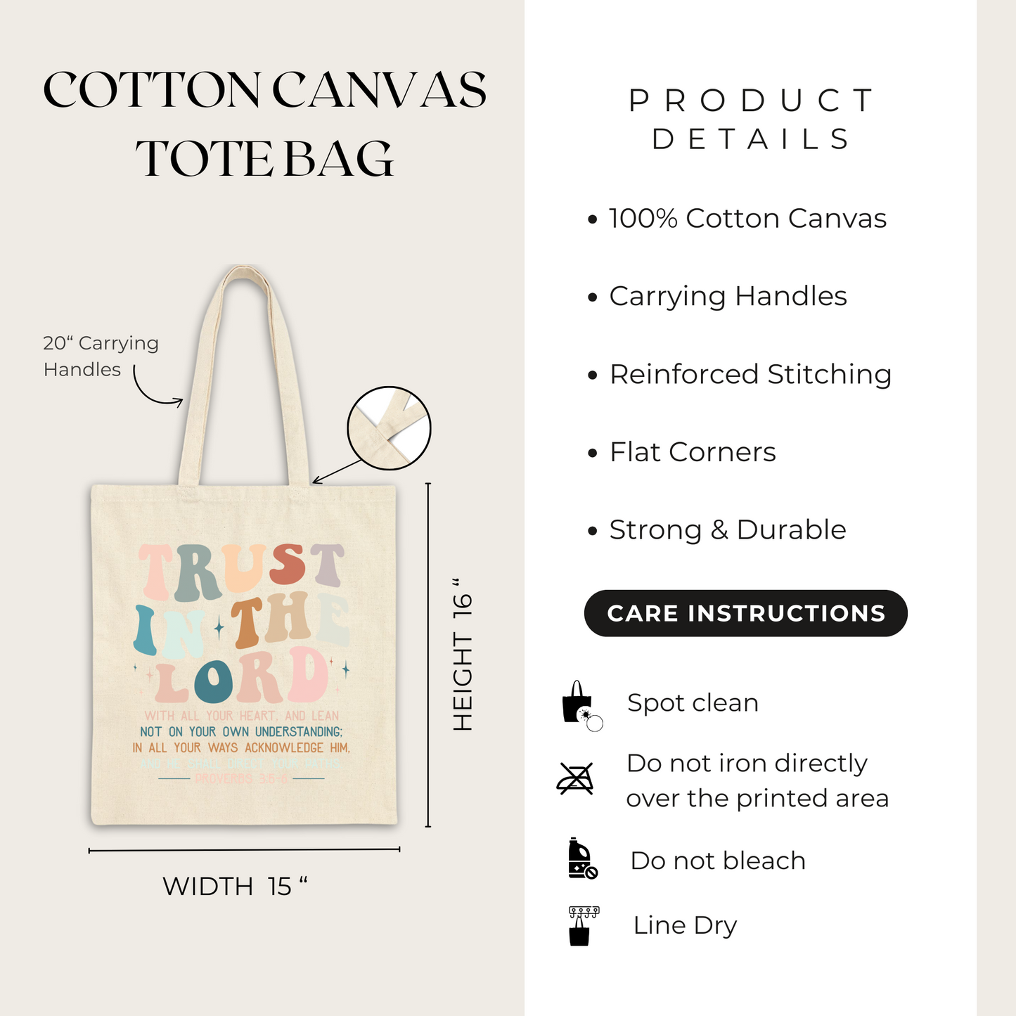 Cotton canvas tote bag with 'Trust in the Lord' text, dimensions, and care instructions.