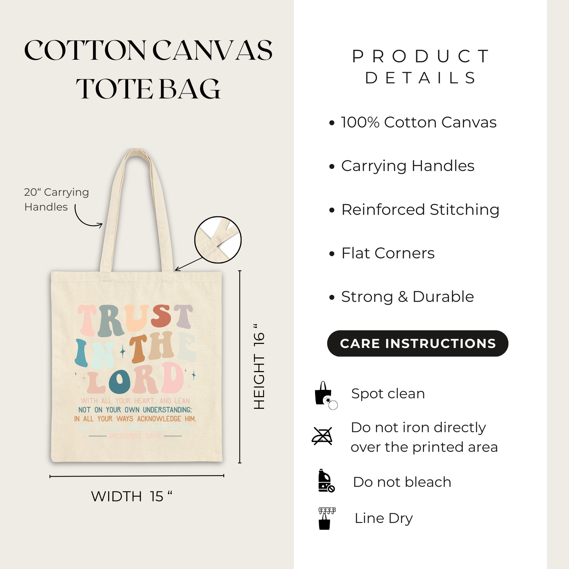 Cotton canvas tote bag with 'Trust in the Lord' text, dimensions, and care instructions.