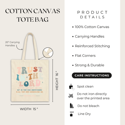 Cotton canvas tote bag with 'Trust in the Lord' text, dimensions, and care instructions.