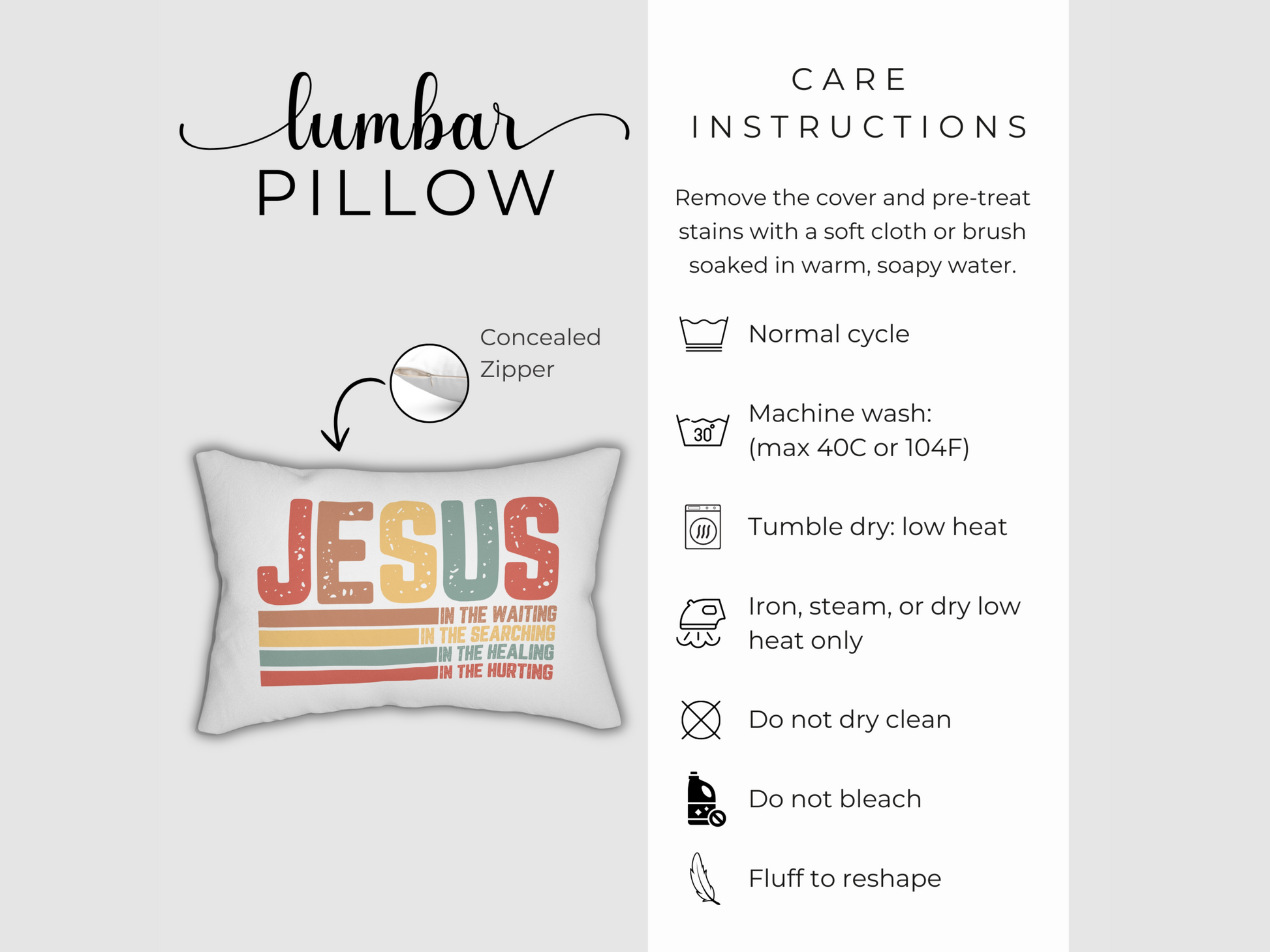 Product detail graphic showing the lumbar pillow, concealed zipper, and care instructions.