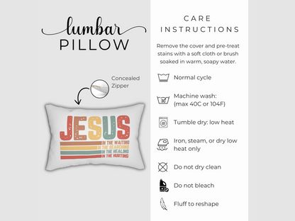 Product detail graphic showing the lumbar pillow, concealed zipper, and care instructions.