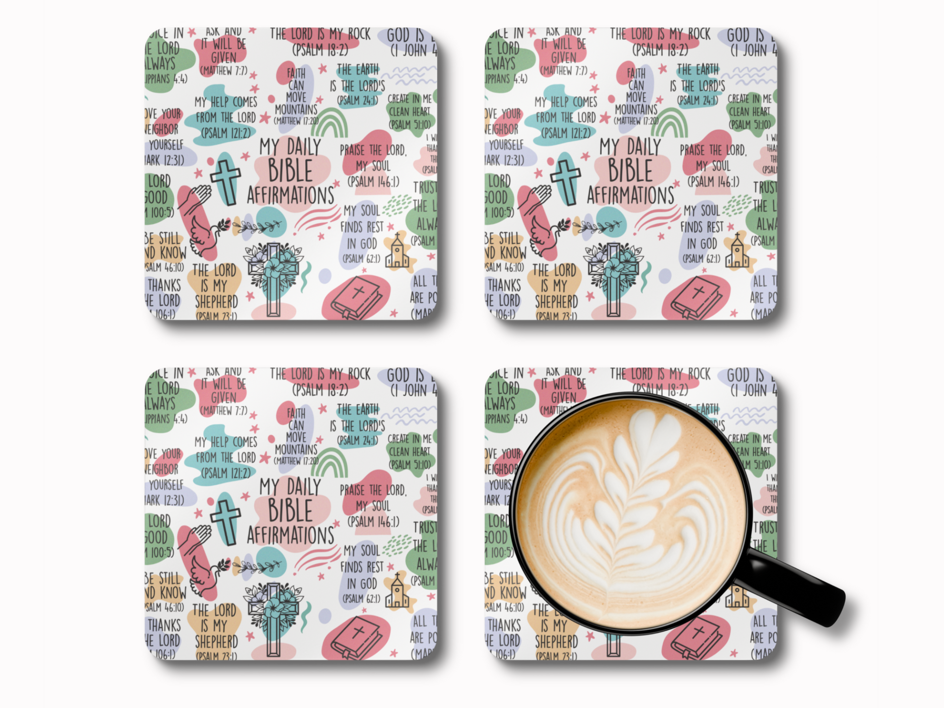 Set of four colorful “My Daily Bible Affirmations” coasters with scripture verses, styled with a latte art coffee mug.