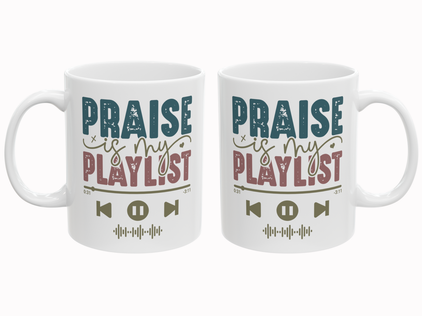 Two white mugs with 'Praise is my playlist' text design on a white background
